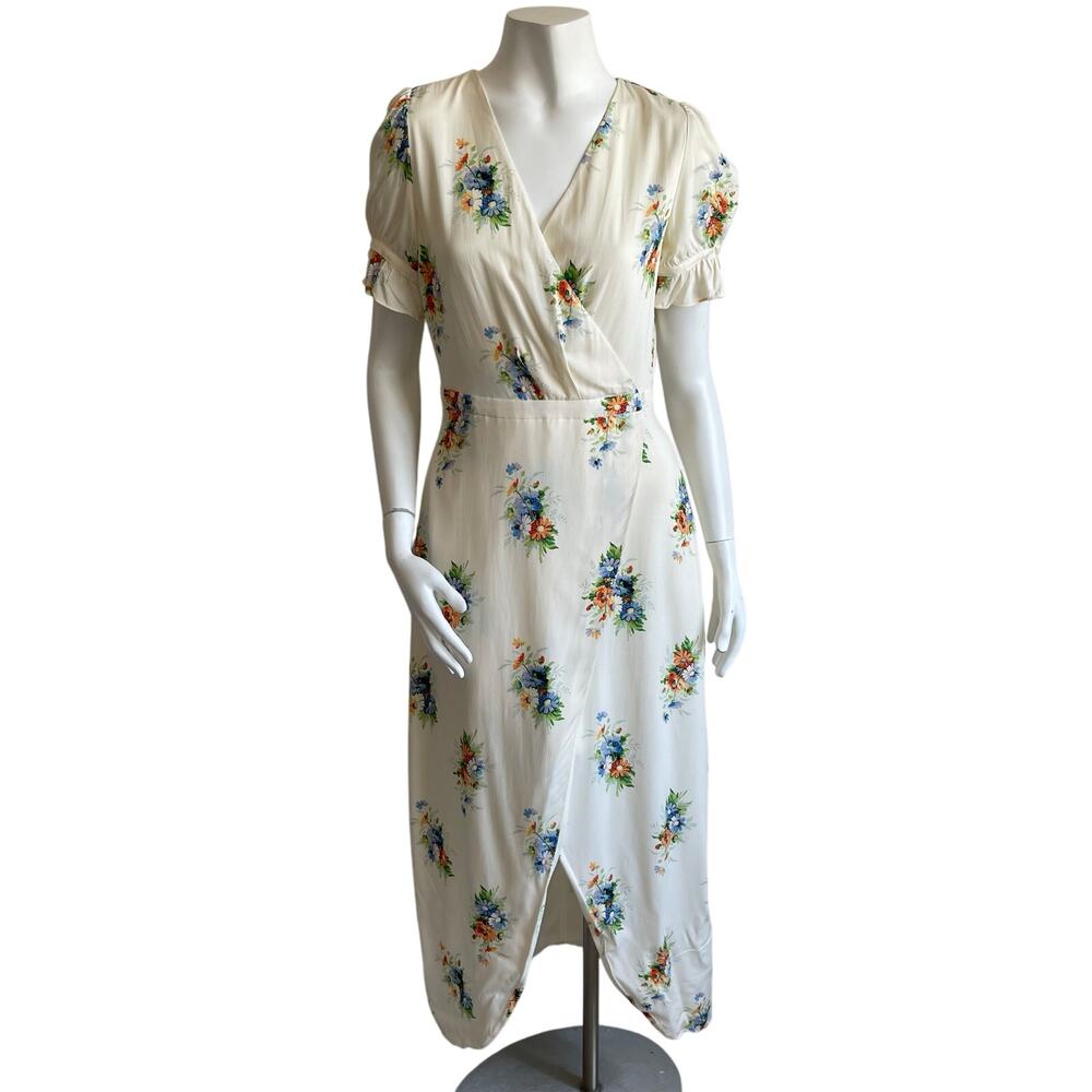 Madewell Floral Puff Sleeve Faux Wrap Midi Dress‎ Size 4 Ivory Cottagecore